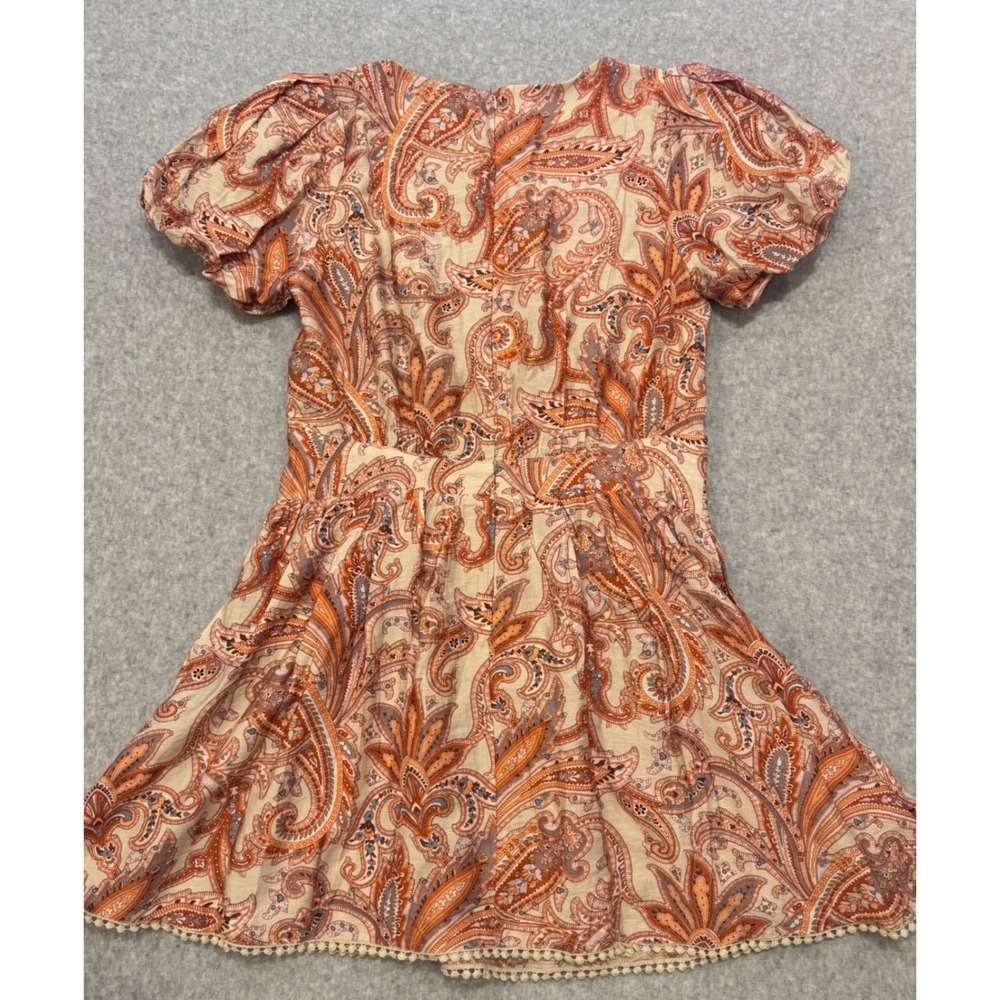 NEW TCEC Avara Coley Dress Paisley Puff Sleeve Mini Pom Pom Trim Womens L - Picture 10 of 13